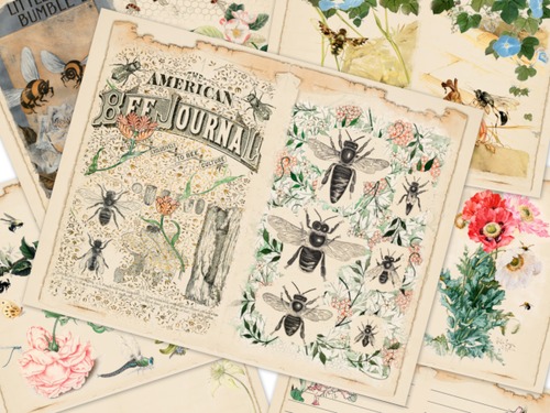 Product picture Lovely Bees and Flowers Digital Junk Journal Paper Kit
